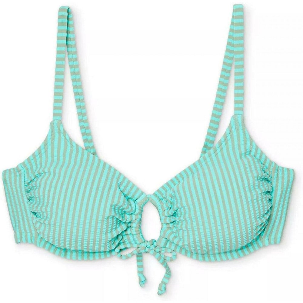 NWT Xhilaration Seersucker Front Loop Bralette Bikini Top Small Aqua / Gray